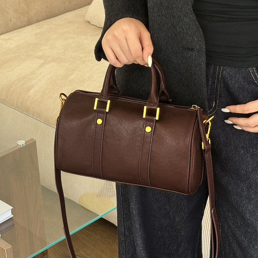 Genuine Leather Maillard Vintage Handbag Cross-border Women's Bag Light Luxury Western-style Boston Bag Vegetable Tanned Cowhide Messenger Bag