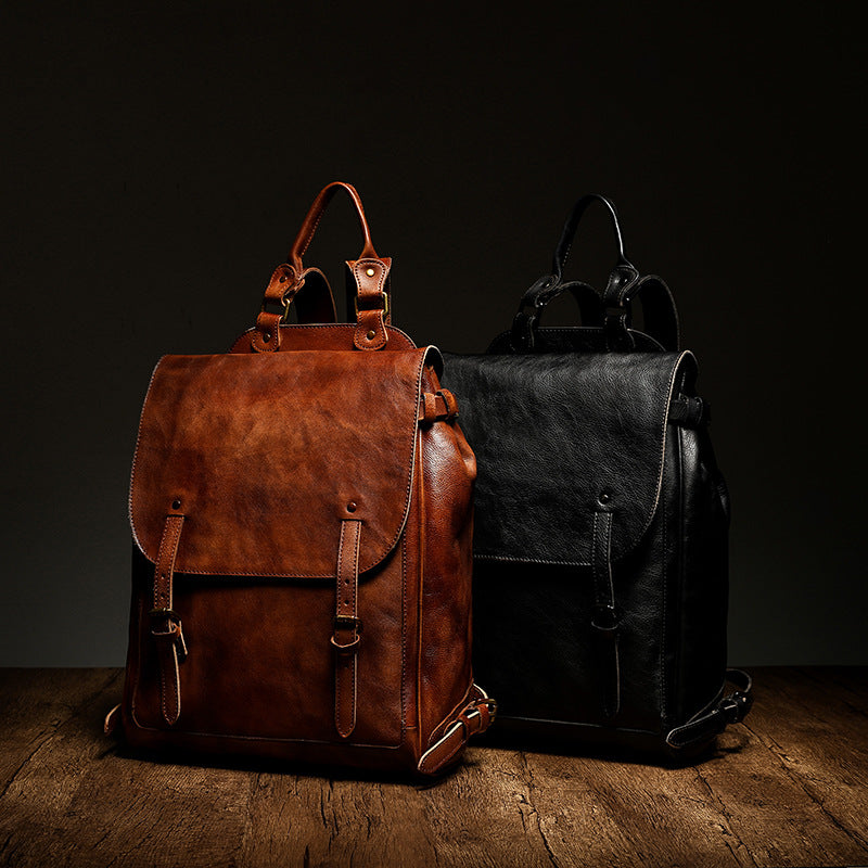 Leather Casual Business Men&#039;s Backpack Vegetable Tanned Leather Large Capacity Retro Backpack Portable Shoulder Travel Sketch Bag