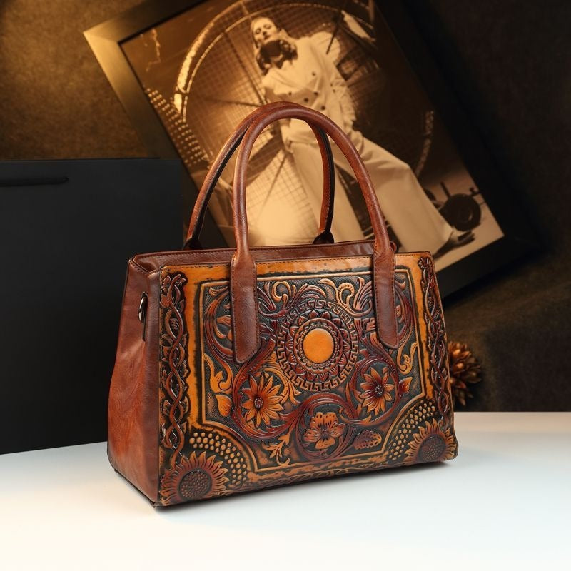 Retro Women&#039;s Bag Embossed Flower Tote Bag Genuine Leather New Ethnic Style Single Shoulder Crossbody Bag Large Capacity
