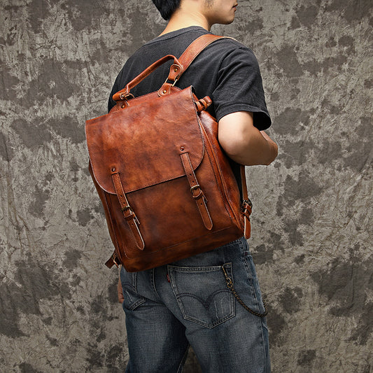 Leather Casual Business Men&#039;s Backpack Vegetable Tanned Leather Large Capacity Retro Backpack Portable Shoulder Travel Sketch Bag