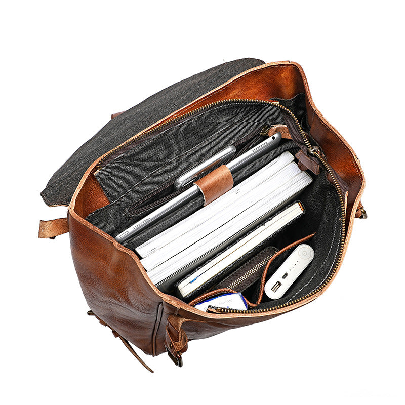 Leather Casual Business Men&#039;s Backpack Vegetable Tanned Leather Large Capacity Retro Backpack Portable Shoulder Travel Sketch Bag